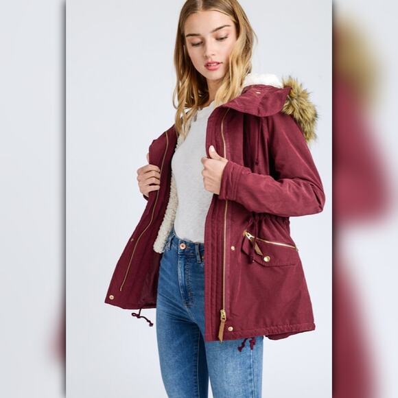 A232 • Wine Faux Fur Hooded Sherpa-Lined Utility Parka Jacket - Picture 3 of 6